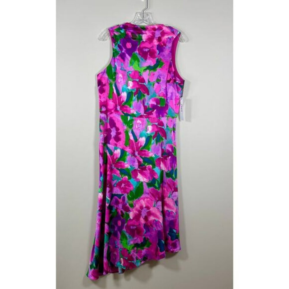 NWT Maggy London Cowl Mock Neck Asymmetric Midi Dress Pink Floral Women's Sz 14
